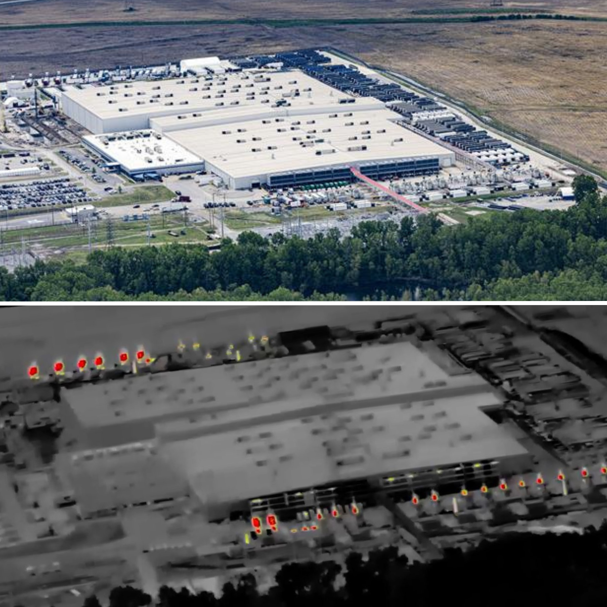 Aerial photo of xAI's Colossus data center in Memphis paired with a thermal infrared image showing the gas turbines as glowing red heat sources